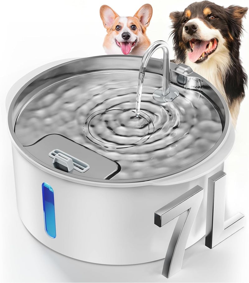 PEKTACO Dog Water Fountain for Large Dogs, 1.8Gal/7L Stainless Steel Pet Fountain, Dog Water Bowl Dispenser with Viewing Window & LED, Super Quiet, Replacement Filters, Easy Clean BPA-Free - Image 1